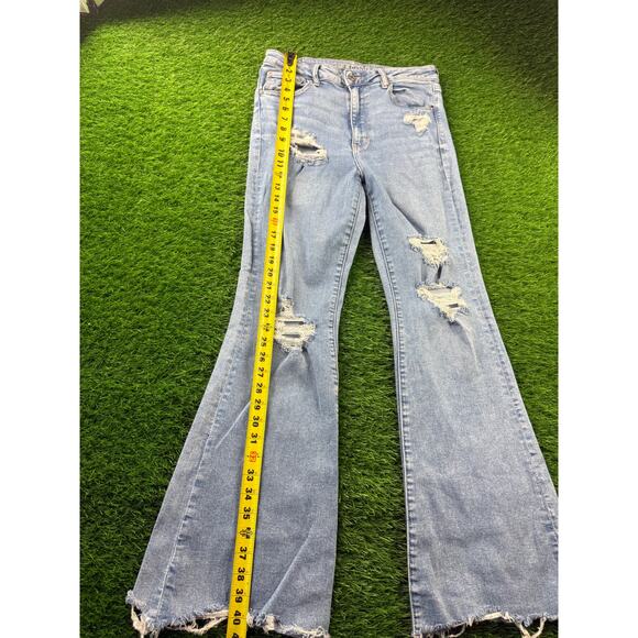AE Next Level Ripped Super High-Waist Flare Jeans Women's 12 Blue Denim Stretch - Picture 11 of 16
